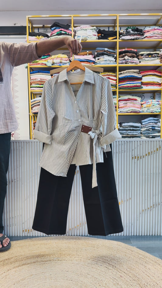 STRIPS SIDE KNOT BEST SELLING DEMNADING TOP WITH BELL BOTTOM PANT SET