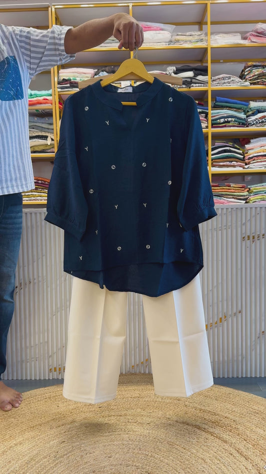 NAVY BLUE EMBROIDERY COTTON TOP WITH BELL BOTTOM TROUSER PANT SET