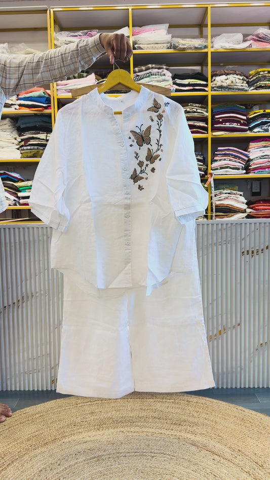 WHITE LINEN BUTTERFLY EMBROIDERY TOP WITH LINEN COMFORTABLE PANT SET
