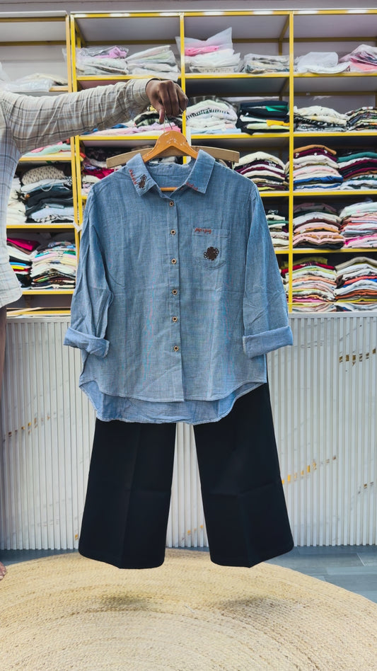 SMALL CHEX EMBROIDERY SHIRT WITH BELL BOTTOM PANT SET