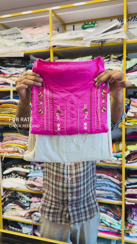 HOT PINK CASUAL EMBROIDERY TOP  WITH LINEN PANT SET