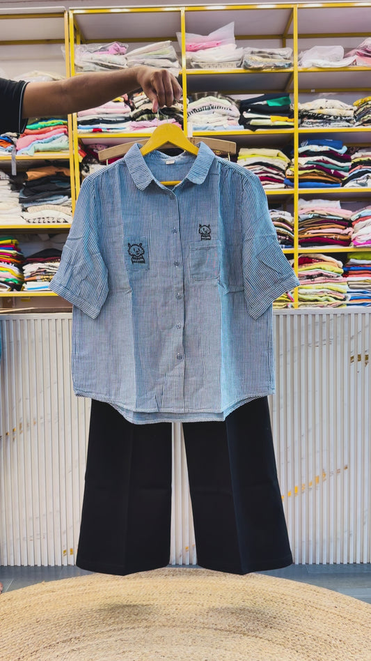 STRIPS EMBROIDERY SHIRT WITH BELL BOTTOM PANT SET