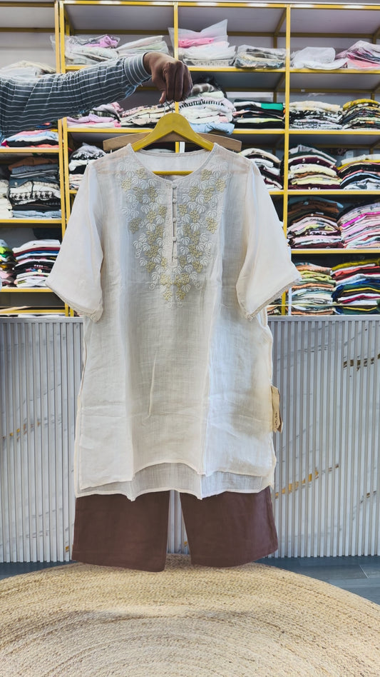 EMBROIDERY LINEN LONG TUNIC WITH LINEN PANT SET