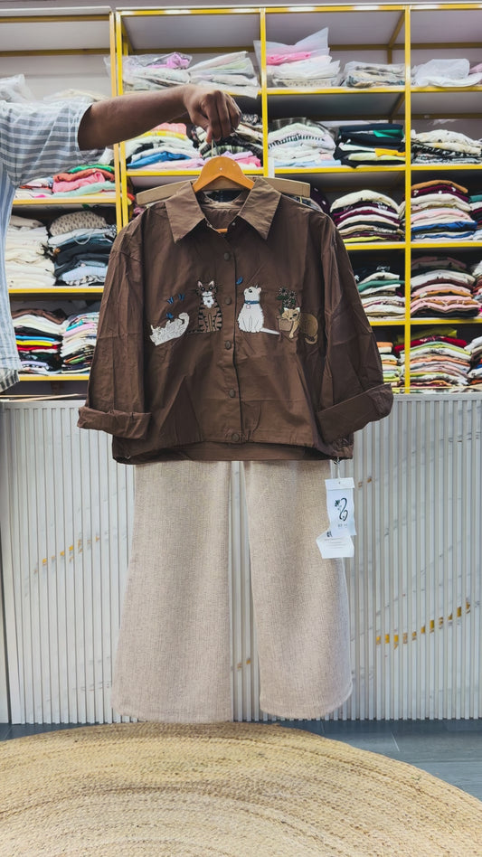 CAT EMBROIDERY BROWN CROP SHIRT  WITH BELL BOTTOM PANT SET