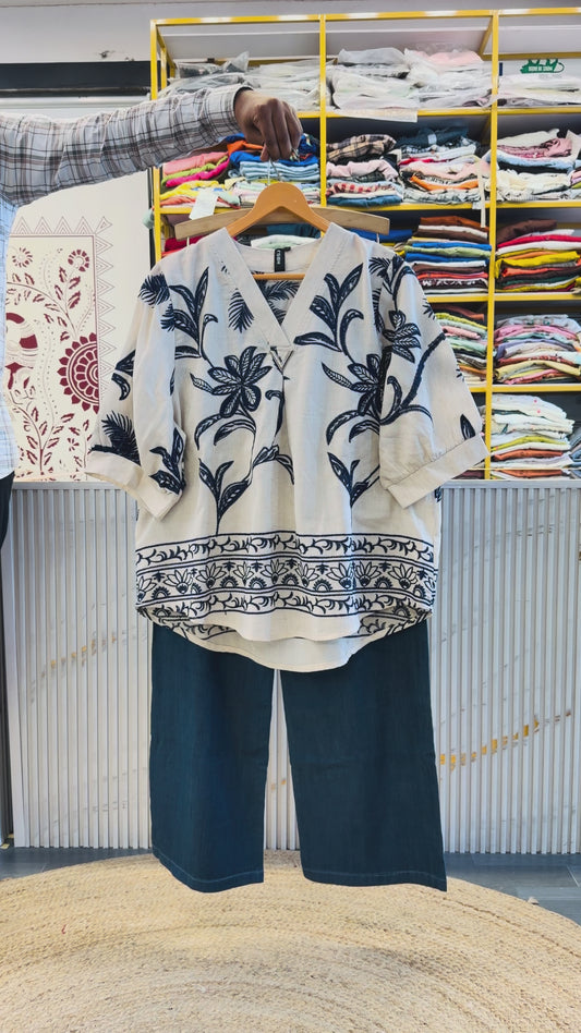 OFF WHITE EMBROIDERT COTTON TOP WITH SOFT DENIM PANT SET