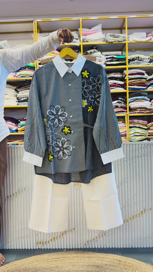 STRIPS FLOWER EMBROIDERY SHIRT WITH BELL BOTTOM PANT SET