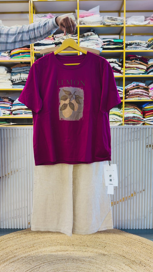 DARK PINK PRINT TSHIRT WITH LINEN PANT SET