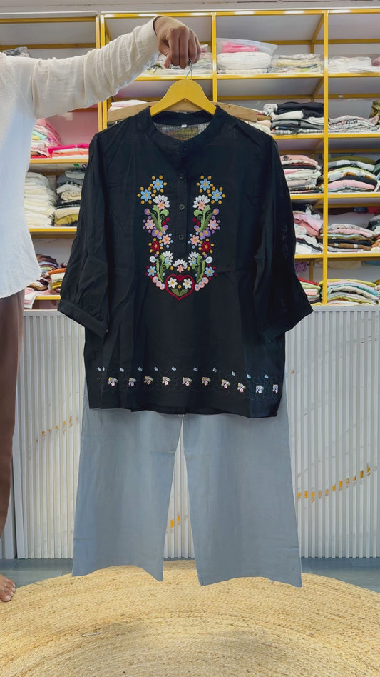 BLACK COTTON EMBROIDERY TOP WITH LINEN COMFORTABLE PANT SET