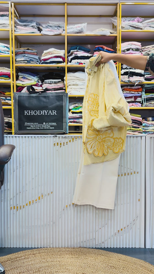 YELLOW STRIPS EMBROIDERY SHIRT  WITH BELL BOTTOM PANT SET