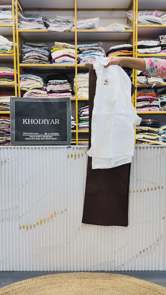 WHITE POCKET EMBROIDERY LINEN SHIRT WITH BELL BOTTOM PANT SET