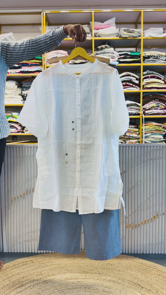 EMBROIDERY LINEN LONG TUNIC WITH LINEN PANT SET