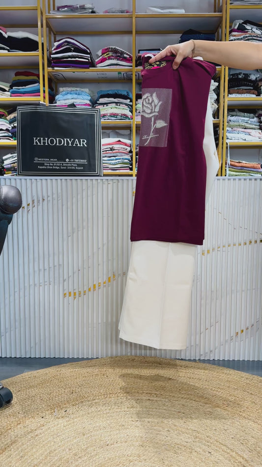 WINE MAROON ROSE EMBROIDERY TSHIRT WITH BELL BOTTOM TROUSER PANT SET