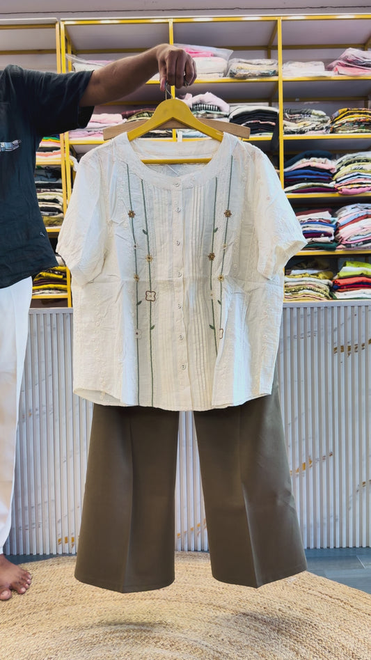 CHICKEN EMBROIDERY COTTON TOP  WITH BELL BOTTOM TROUSER PANT SET