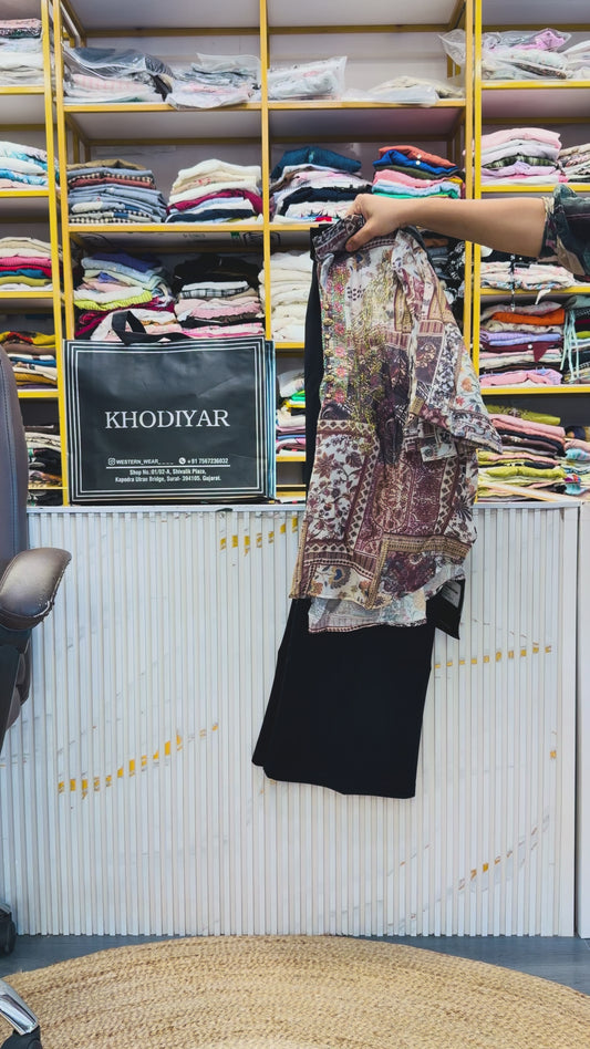 PRINT LONG TOP WITH SOFT DENIM PANT SET