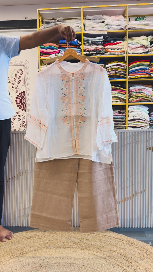 WHITE LINEN EMBROIDERY TOP WITH LINEN STRAIGHT PANT SET