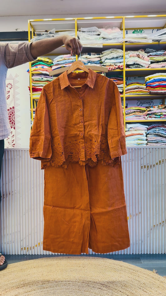 CUTWORK EMBROIDERY PURE LINEN COORD SET