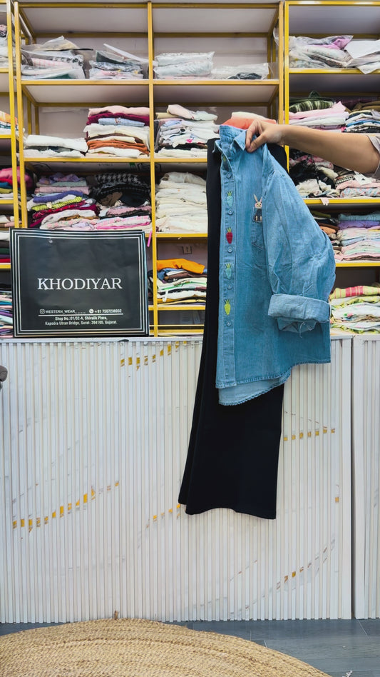 DENIM EMBROIDERY SHIRT TOP WITH BELL BOTTOM FIT TROUSER PANT SET