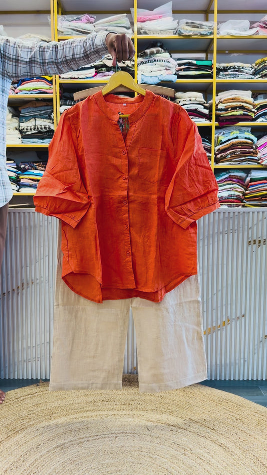 ORANGE BACK EMBROIDERY LINEN TOP WITH LINEN STRAIGHT PANT SET