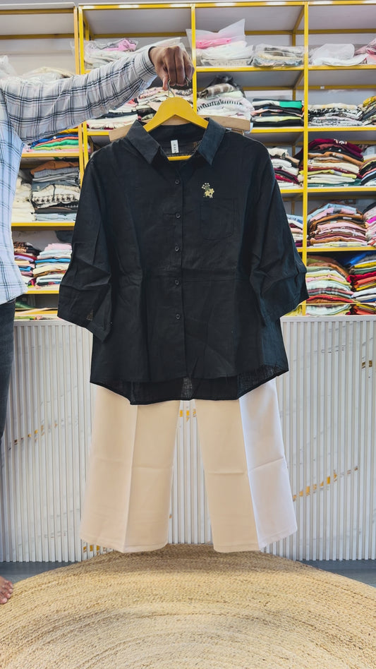 BLACK POCKET EMBROIDERY LINEN SHIRT WITH BELL BOTTOM PANT SET