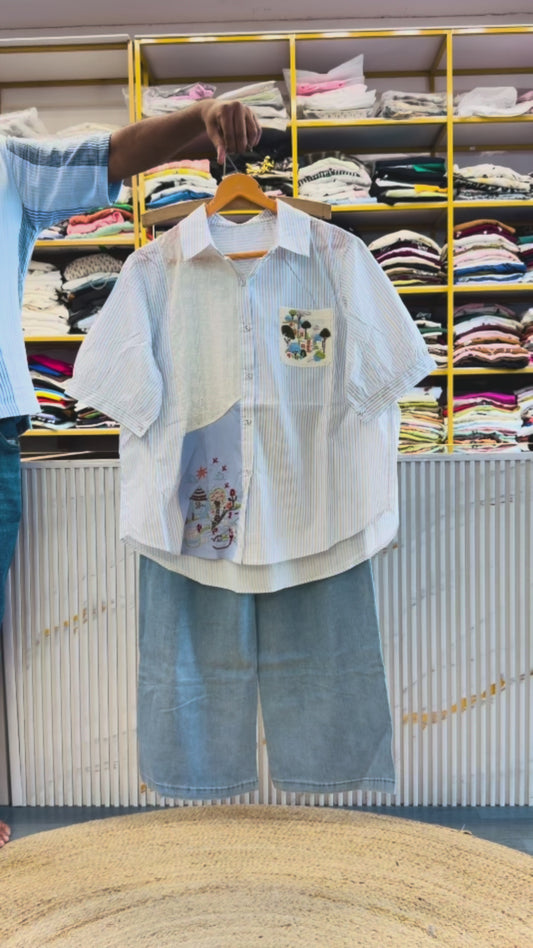 WHITE STRISP EMBROIDERY SHIRT WITH SOFT DENIM PANT SET