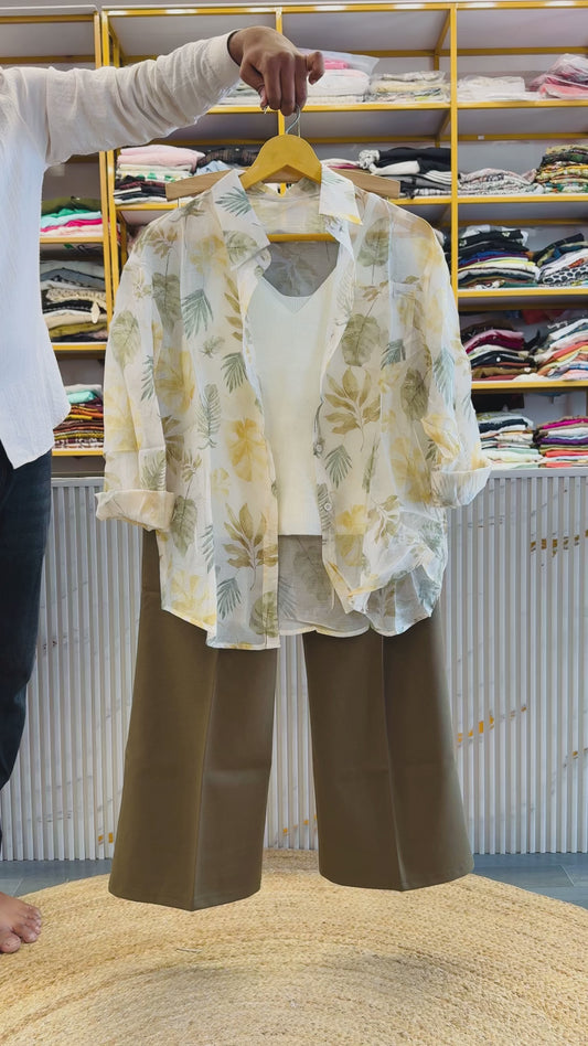 PRINT SHIFFON  SHIRT SPAGHETTI WITH BELL BOTTOM STRETCHABLE TROUSER PANT SET