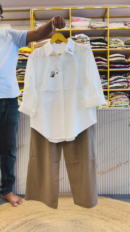 WHITE  EMBROIDERY SHIRT WITH LINEN PANT SET