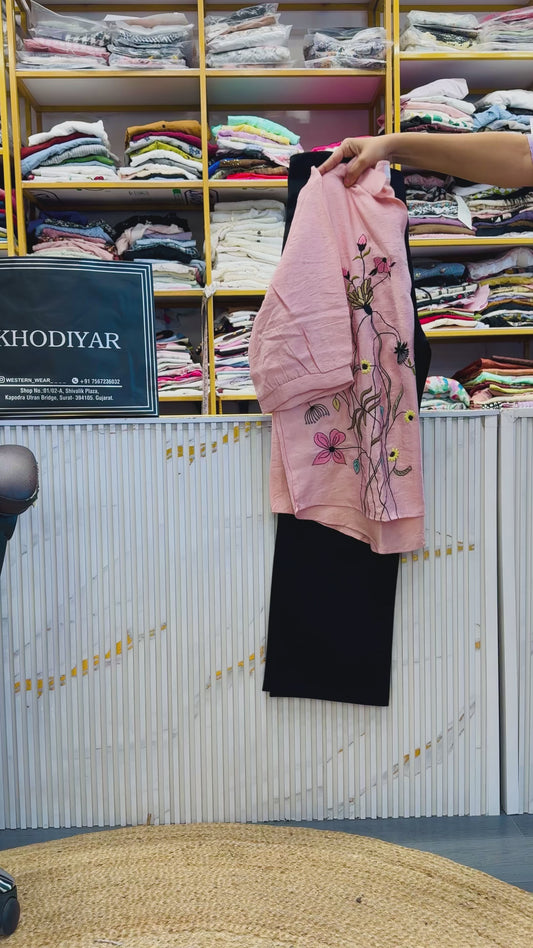 PINK SIDE  EMBROIDERY CASUAL TOP WITH LINEN PANT SET