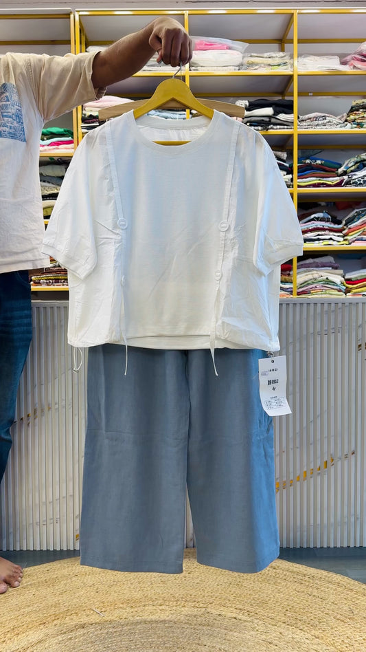 WHITE BUTTON STYLE TRENDY TSHIRT TOP  WITH LINEN COMFORTABLE PANT SET