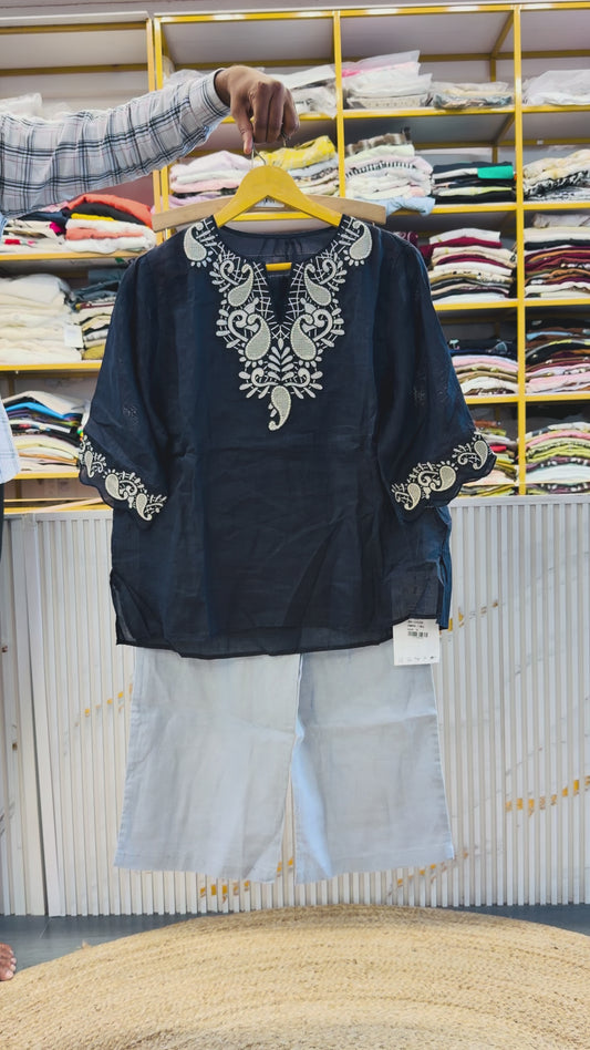 NAVY BLUE LINEN EMBROIDERY  TOP  WITH LINEN COMFORTABLE PANT SET