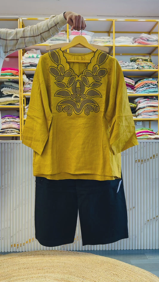 MASTARD EMBROIDERY LINEN TUNIC TOP WITH LINEN ELASTIC COMFORTABLE TROUSER PANT SET