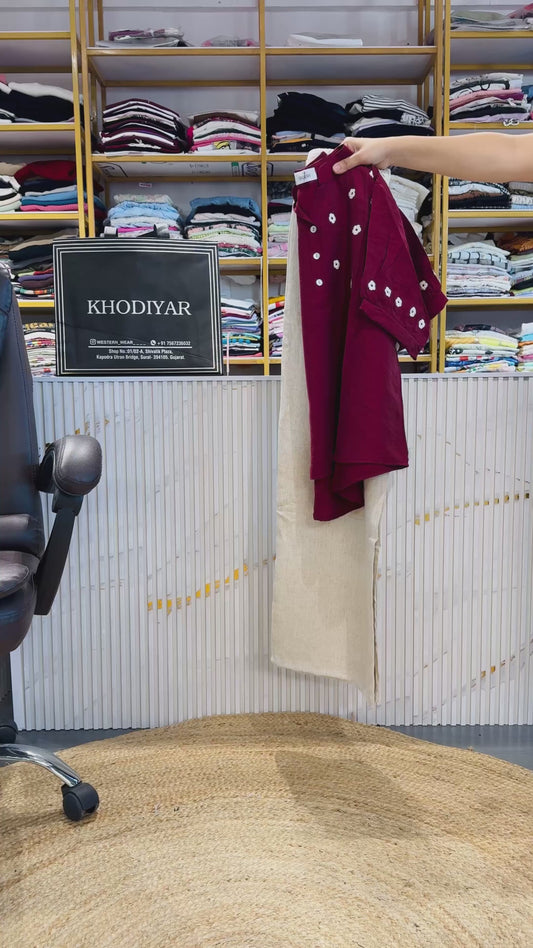 MAROON EMBROIDERY TOP WITH LINEN PANT SET