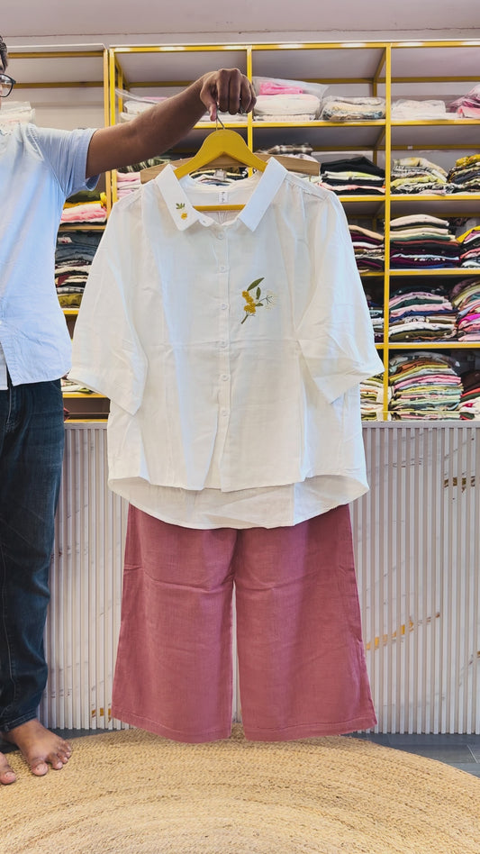 WHITE  EMBROIDERY SHIRT WITH LINEN PANT SET