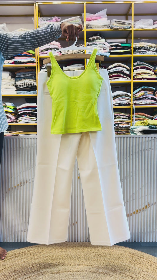 GREEN SLEEVE LESS  TOP  WITH BELL BOTTOM TROUSER PANT SET