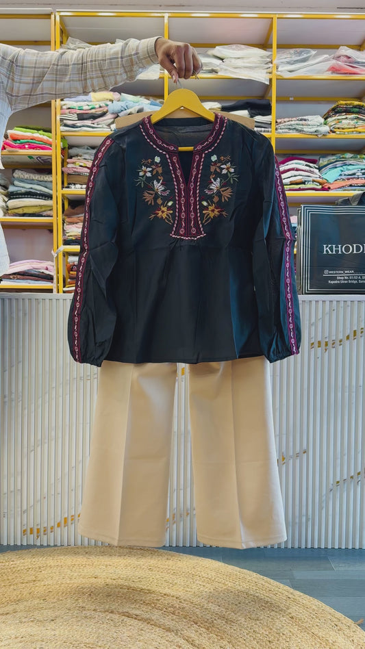 EMBROIDERY BLACK TISSUE TOP  WITH BELL BOTTOM PANT SET