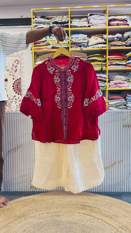 RED EMBROIDERY LINEN TOP WITH LINEN  PANT SET