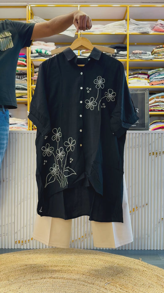 BLACK A LINE EMBROIDERY TUNIC SHIRT WITH BELL BOTTOM PANT SET