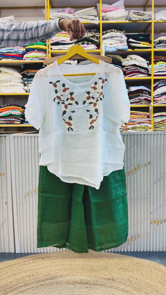 WHITE LINEN EMBROIDERY TOP  WITH LINEN COMFORTABLE PANT SET