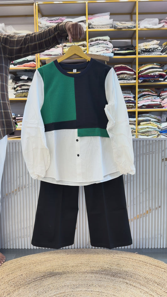 TRENDY FULL SLEEVE COTTON TOP  WITH BELL BOTTOM TROUSER PANT SET