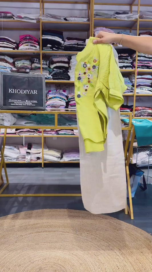 PARROT GREEN EMBROIDERY TOP WITH LINEN PANT SET