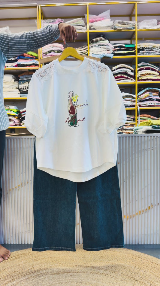 WHITE PRINT COTTON TSHIRT WITH SOFT DENIM PANT SET