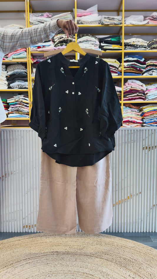 BLACK EMBROIDERY CASUAL TOP  WITH LINEN PANT SET