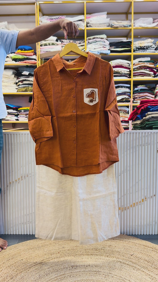 RUST ORANGE CROCHET POCKET LINEN TOP WITH LINEN COMFORTABLE PANT SET