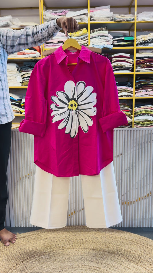PINK FLOWER PRINT SHIRT  WITH BELL BOTTOM TROUSER PANT SET