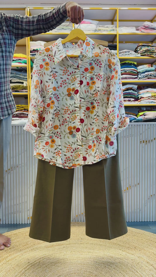 PRINT SHIFFON SHIRT  WITH BELL BOTTOM TROUSER PANT SET
