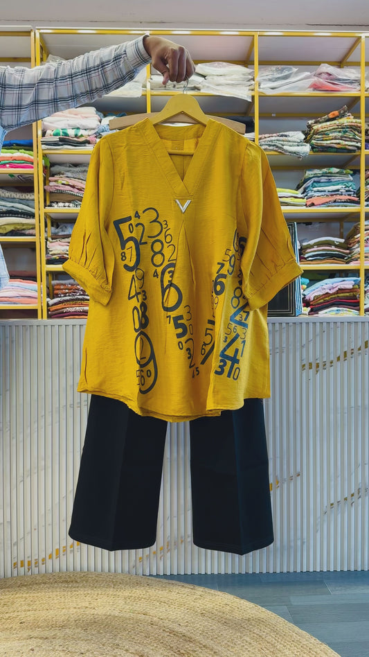 MASTARD NUMBER PRINT V NECK TOP WITH BELL BOTTOM TROUSER  PANT SET