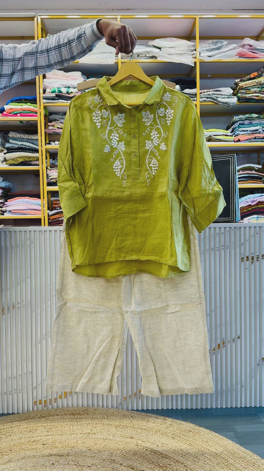 PISTA GREEN LINEN EMBROIDERY TOP WITH LINEN PANT SET
