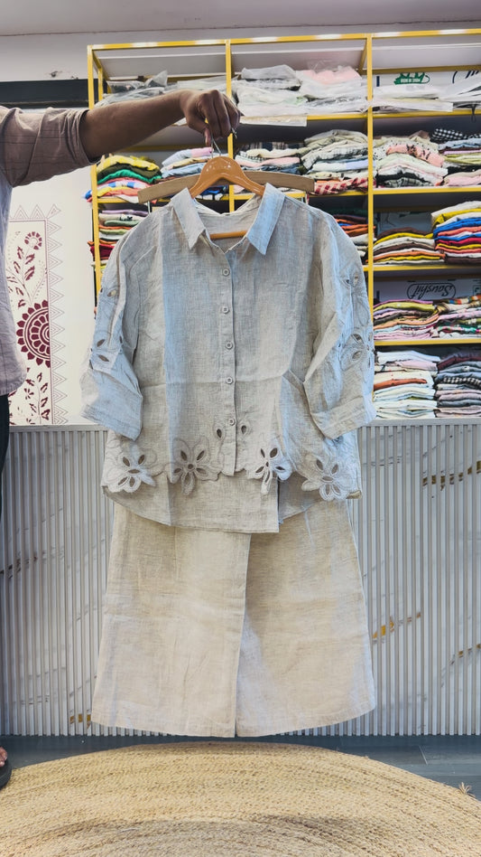CUTWORK EMBROIDERY PURE LINEN COORD SET