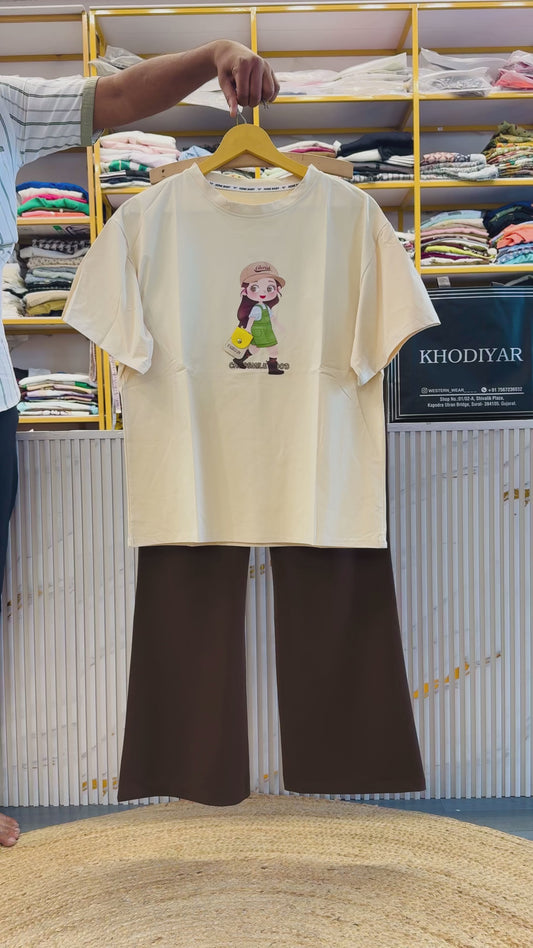 BARBIE COTTON PRINT TSHIRT WITH BELL BOTTOM STRETCHABLE TROUSER PANT SET