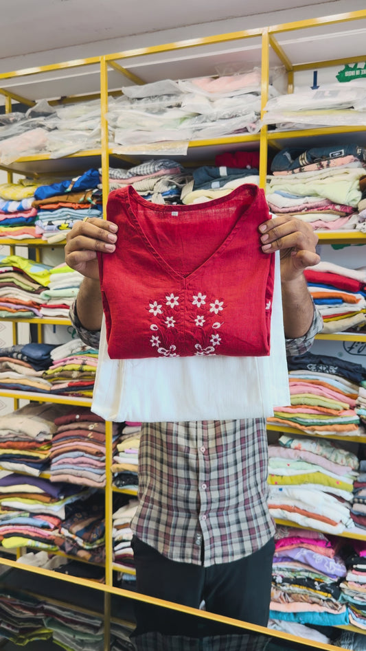 RED LINEN EMBROIDERY TOP WITH LINEN STRAIGHT PANT SET