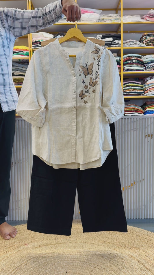 BUTTERFLY EMBROIDERY  LINEN TOP WITH LINEN PANT SET